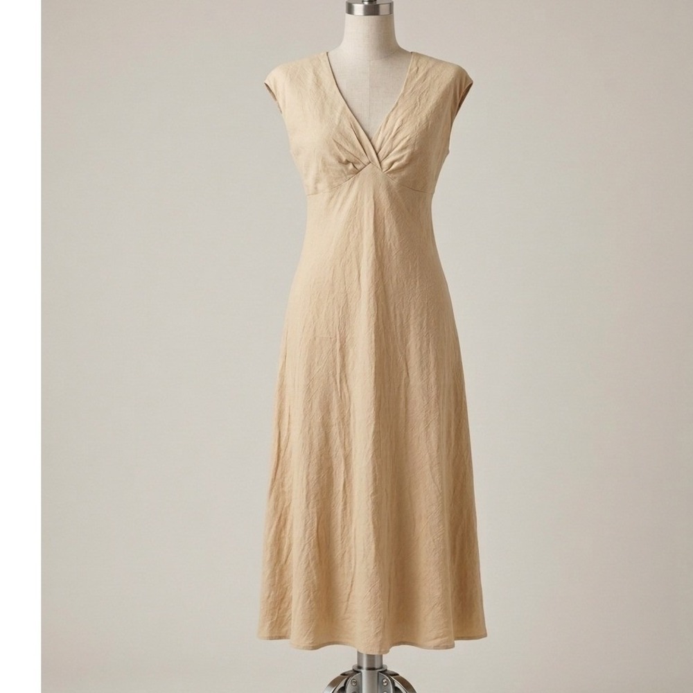 Vintage Jones New York Midi Dress Tan 100%‎ Linen V-Neck Minimalist 8